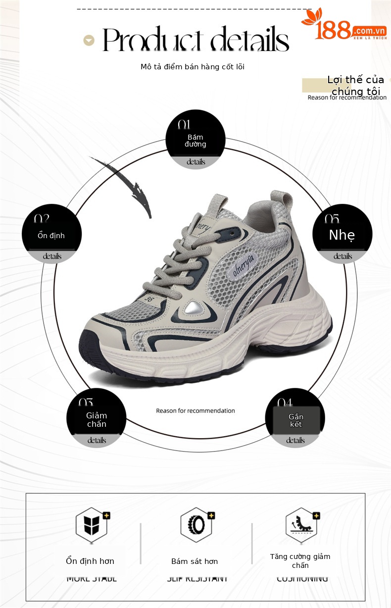 Giày sneaker nữ đế dày Diddy 2026 mới mùa hè, lưới thoáng khí, tăng chiều cao, nhẹ — 7009-5 Xám Lan, 7009-5 Màu be chi tiết 2