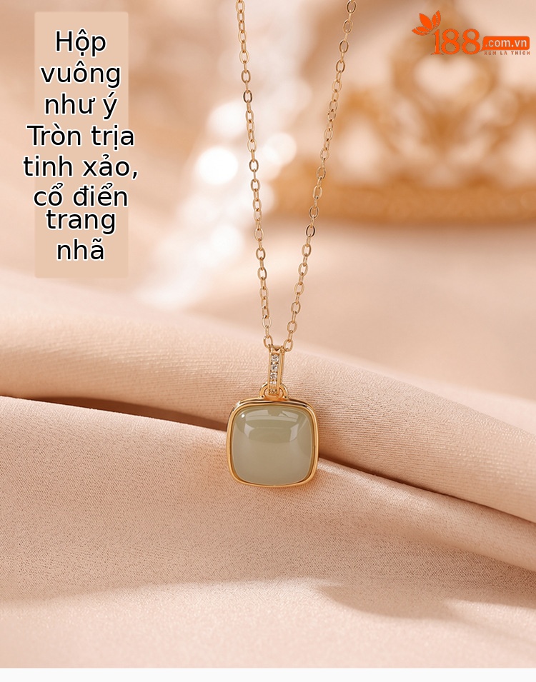 Mặt dây chuyền bạc S925 mạ vàng đính ngọc bích Hòa Điền hình vuông phong cách Tân Trung Hoa — Bạc chi tiết 1