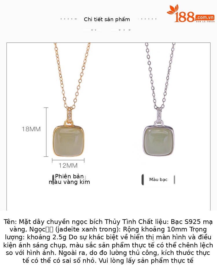 Mặt dây chuyền bạc S925 mạ vàng đính ngọc bích Hòa Điền hình vuông phong cách Tân Trung Hoa — Bạc chi tiết 2