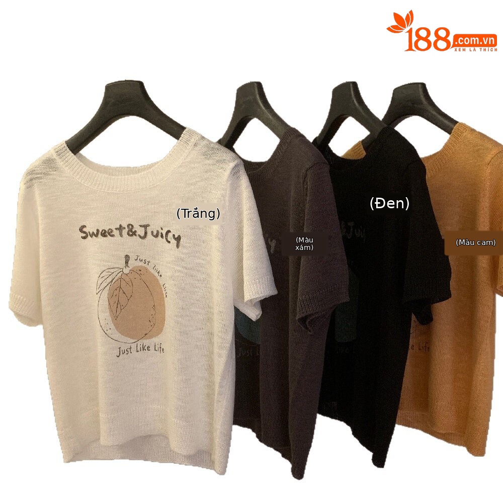 Áo thun nữ cổ tròn tay ngắn họa tiết trái cây chất liệu bamboo linen — màu đen, trắng ngà, màu cam, màu xám