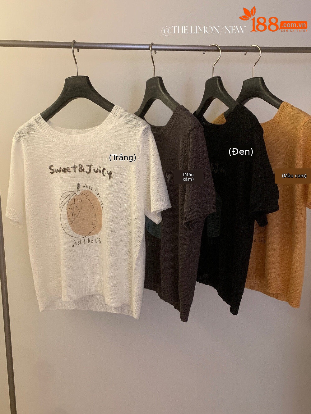 Áo thun nữ cổ tròn tay ngắn họa tiết trái cây chất liệu bamboo linen — màu đen, trắng ngà, màu cam, màu xám chi tiết 2