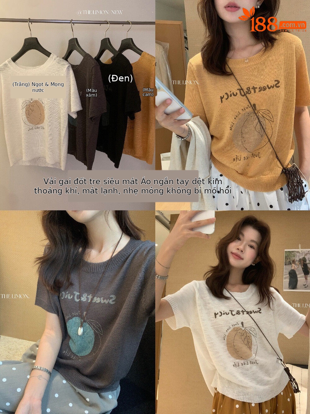 Áo thun nữ cổ tròn tay ngắn họa tiết trái cây chất liệu bamboo linen — màu đen, trắng ngà, màu cam, màu xám chi tiết 9