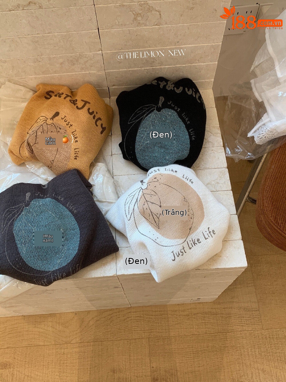 Áo thun nữ cổ tròn tay ngắn họa tiết trái cây chất liệu bamboo linen — màu đen, trắng ngà, màu cam, màu xám chi tiết 13