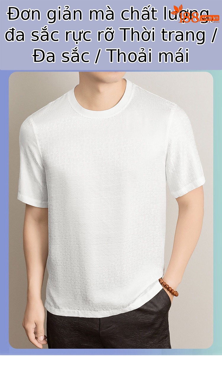 Áo thun nam tay ngắn lụa jacquard Mulberry mỏng nhẹ mùa hè — Trắng 8876 chi tiết 1