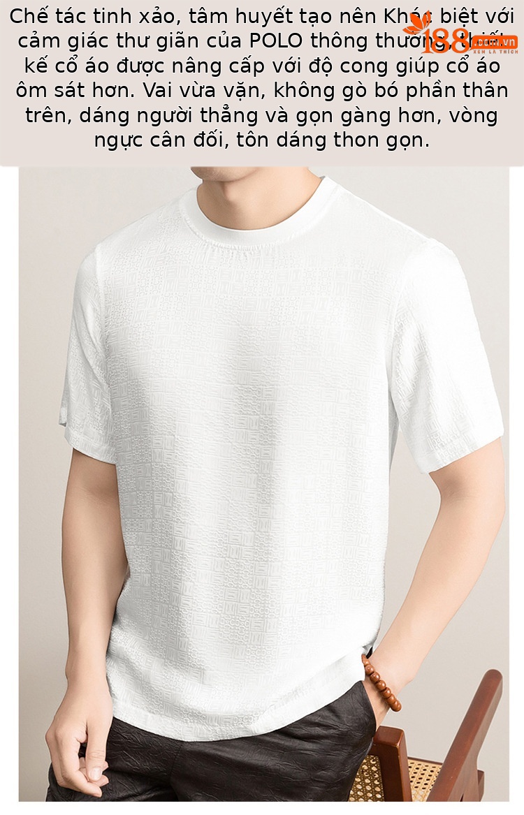 Áo thun nam tay ngắn lụa jacquard Mulberry mỏng nhẹ mùa hè — Trắng 8876 chi tiết 3