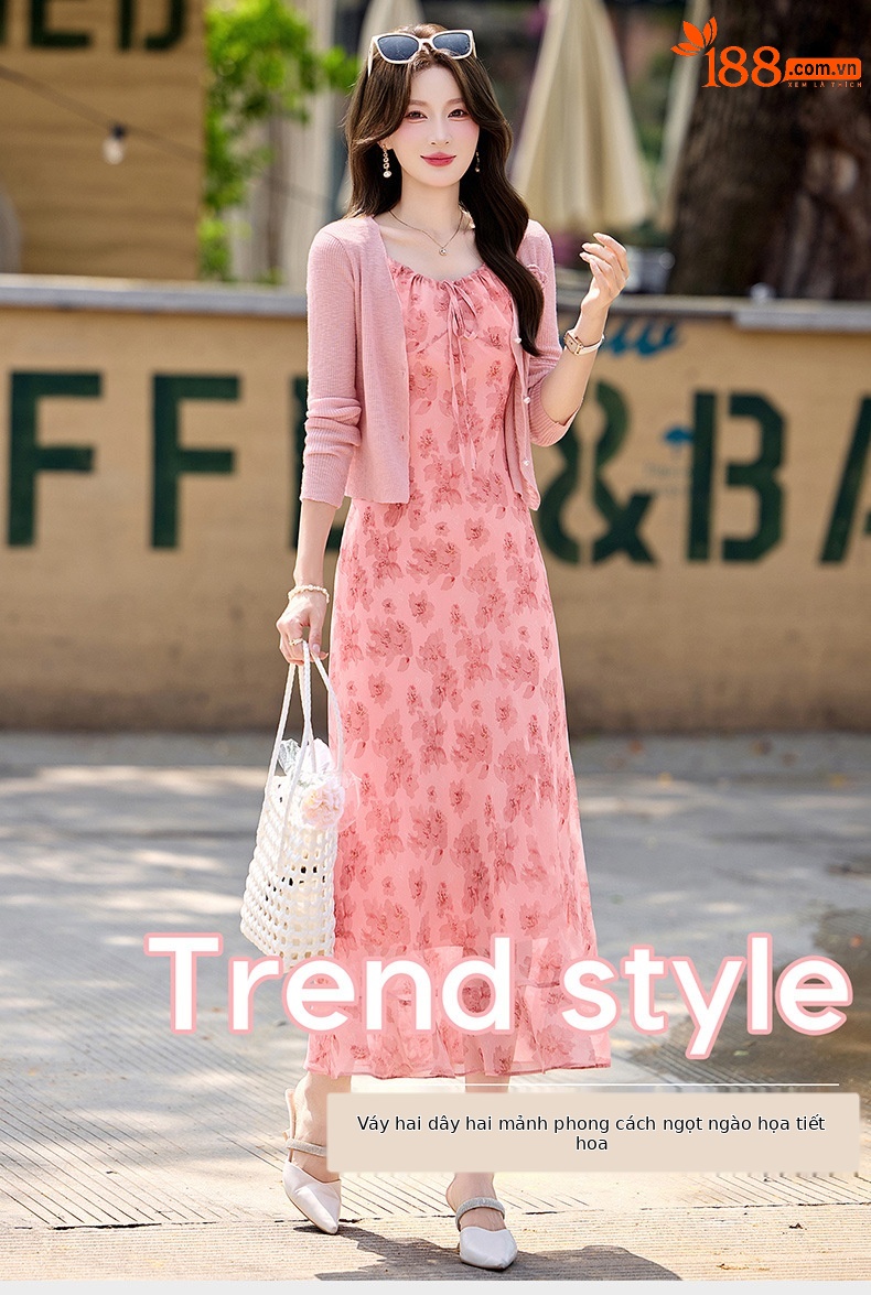 Bộ váy hai dây kèm áo khoác cardigan họa tiết hoa nhí dáng chữ A — Màu hồng, xanh lá cây chi tiết 1