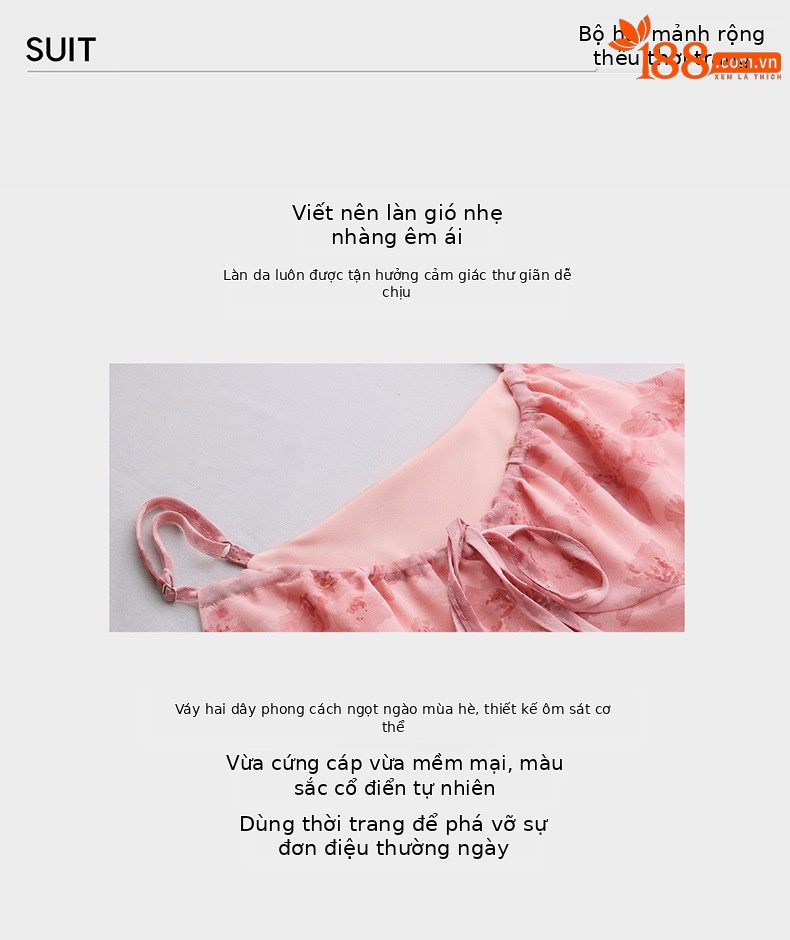 Bộ váy hai dây kèm áo khoác cardigan họa tiết hoa nhí dáng chữ A — Màu hồng, xanh lá cây chi tiết 2