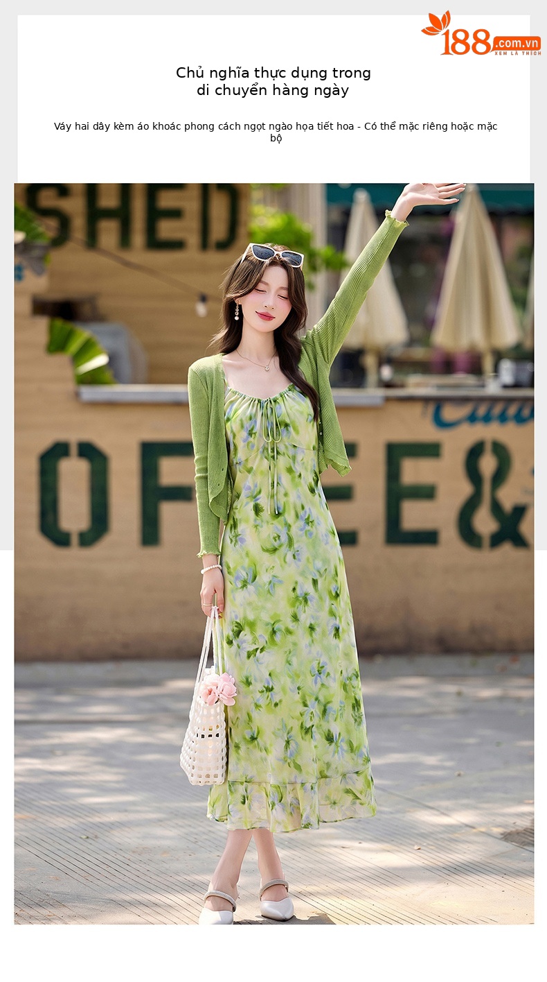 Bộ váy hai dây kèm áo khoác cardigan họa tiết hoa nhí dáng chữ A — Màu hồng, xanh lá cây chi tiết 3