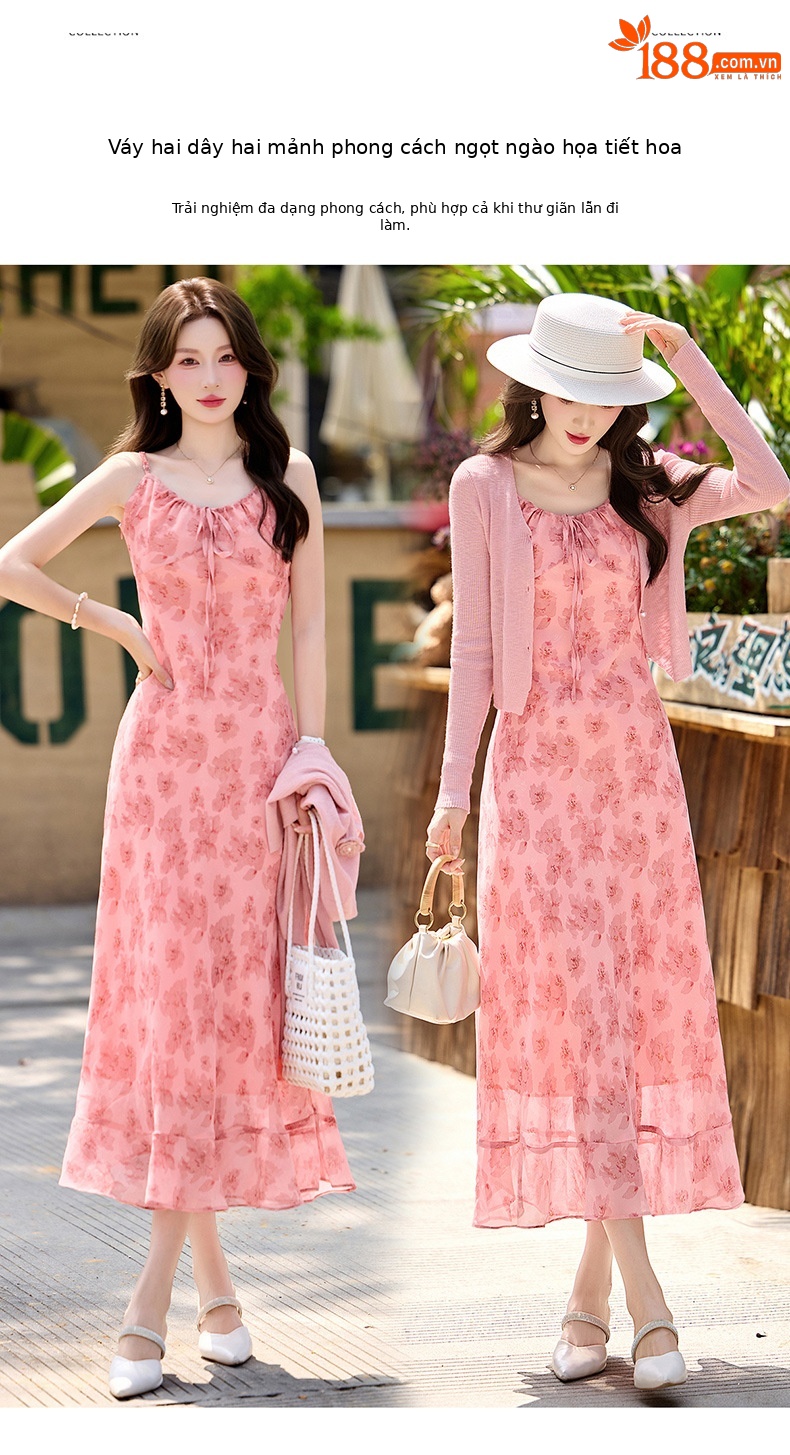 Bộ váy hai dây kèm áo khoác cardigan họa tiết hoa nhí dáng chữ A — Màu hồng, xanh lá cây chi tiết 4