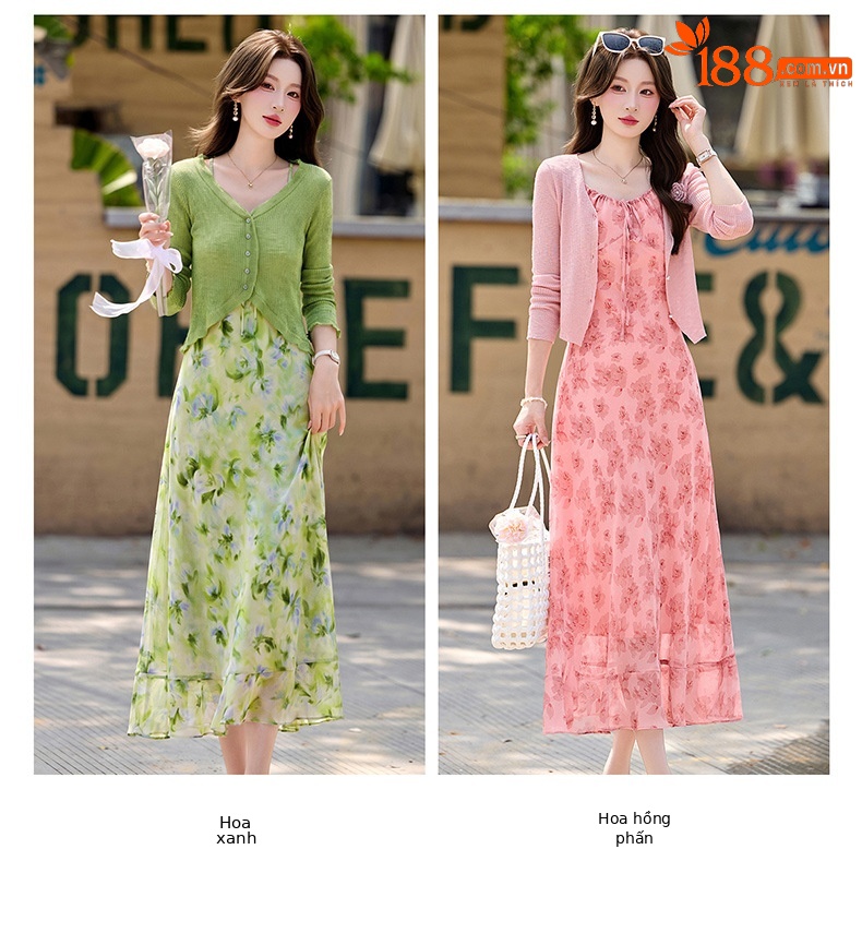 Bộ váy hai dây kèm áo khoác cardigan họa tiết hoa nhí dáng chữ A — Màu hồng, xanh lá cây chi tiết 11