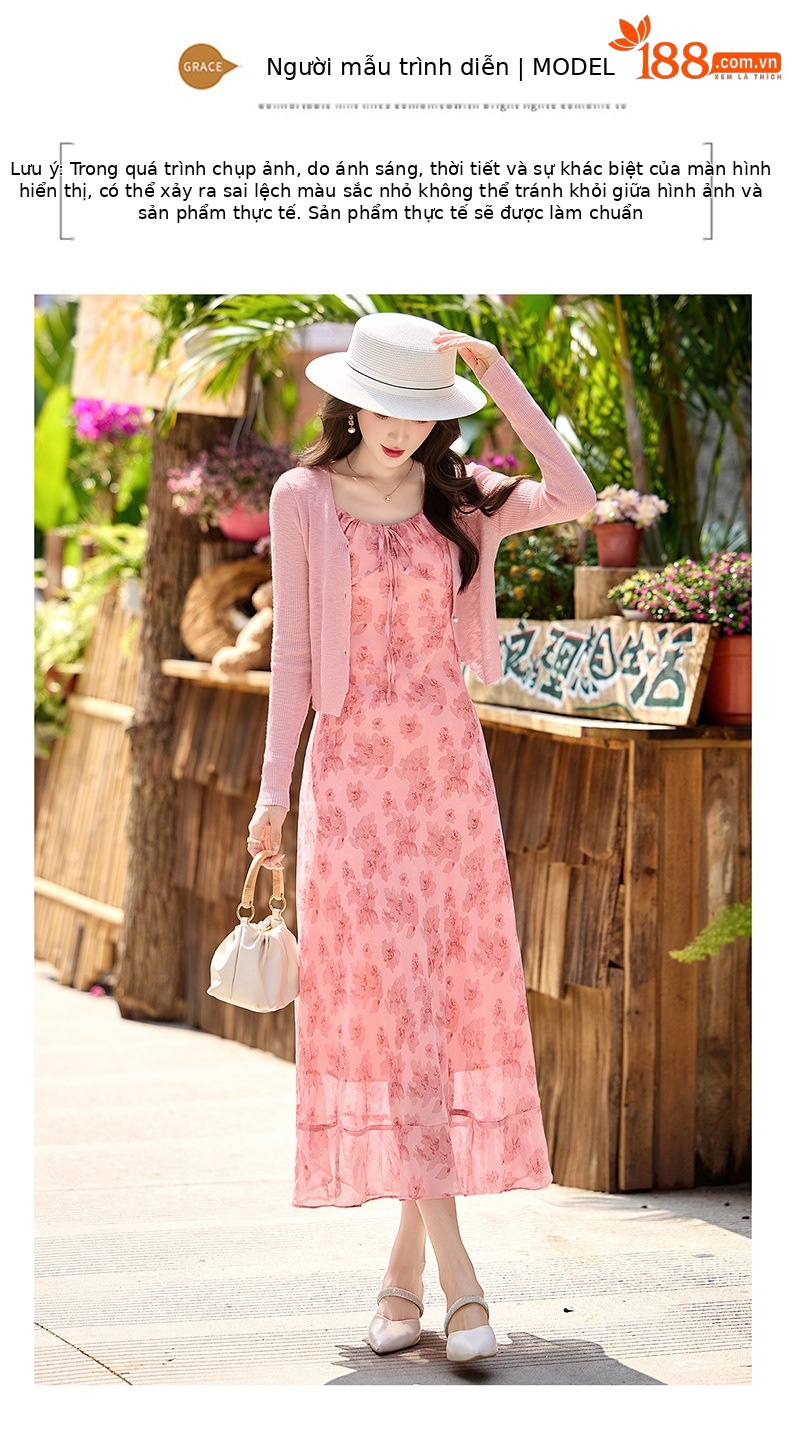 Bộ váy hai dây kèm áo khoác cardigan họa tiết hoa nhí dáng chữ A — Màu hồng, xanh lá cây chi tiết 12