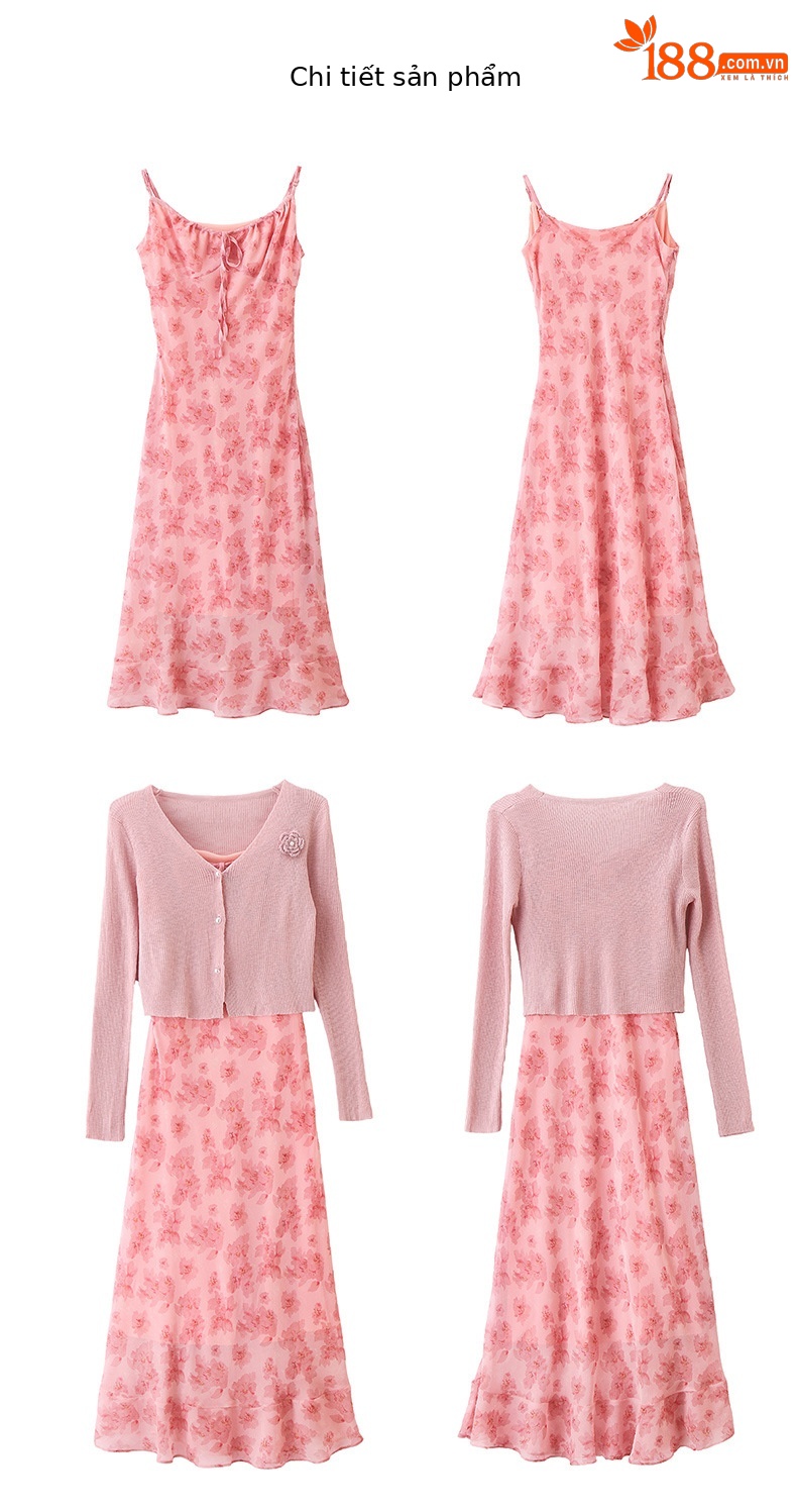 Bộ váy hai dây kèm áo khoác cardigan họa tiết hoa nhí dáng chữ A — Màu hồng, xanh lá cây chi tiết 22