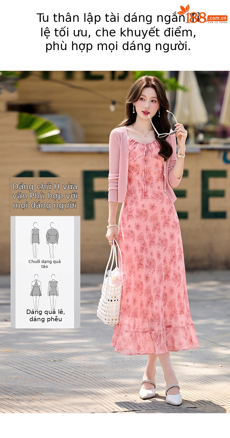 Bộ váy hai dây kèm áo khoác cardigan họa tiết hoa nhí dáng chữ A — Màu hồng, xanh lá cây chi tiết 8