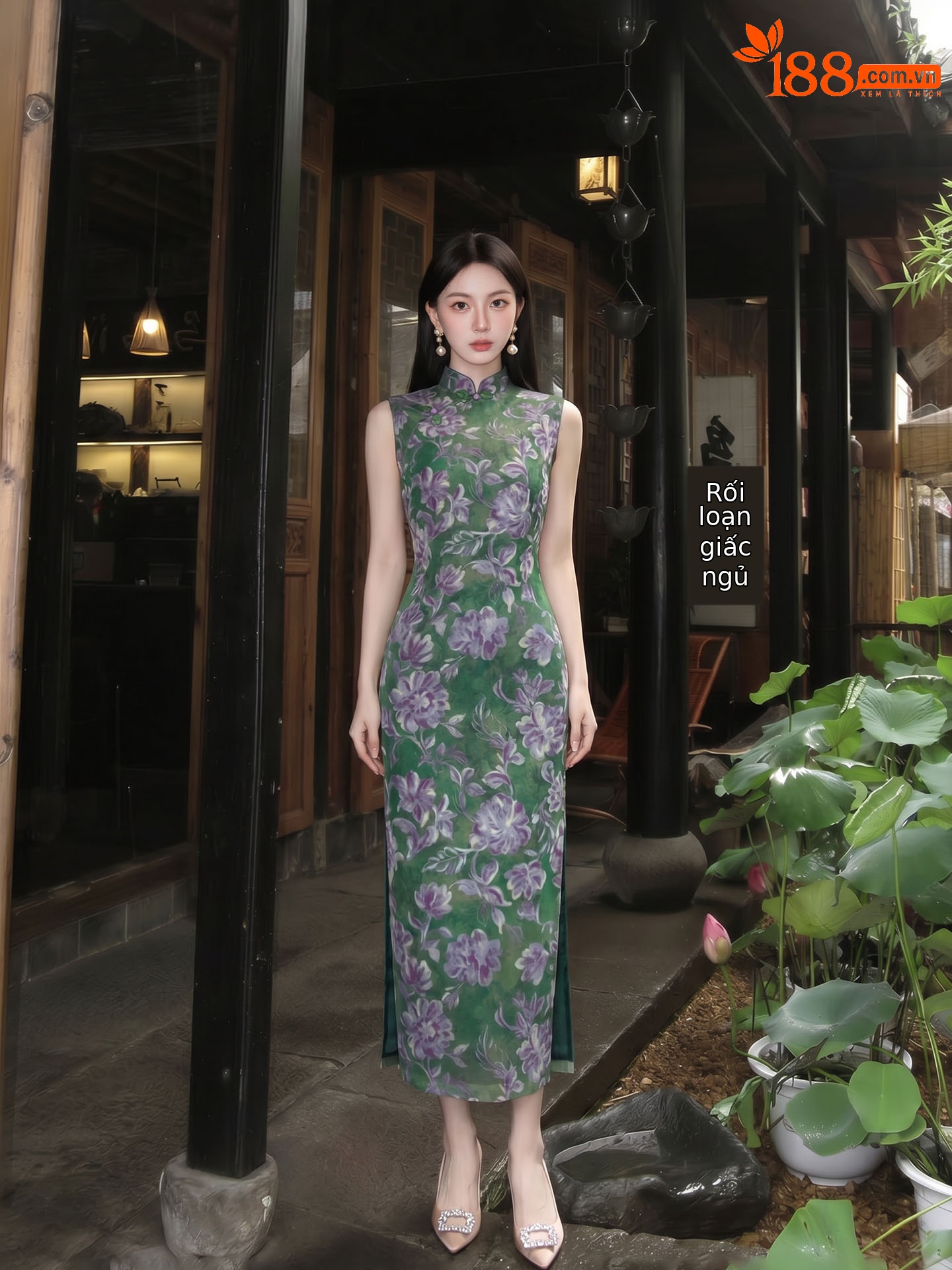 Đầm ôm body nữ dài tay in họa tiết hoa xanh cổ điển — xanh lá cây