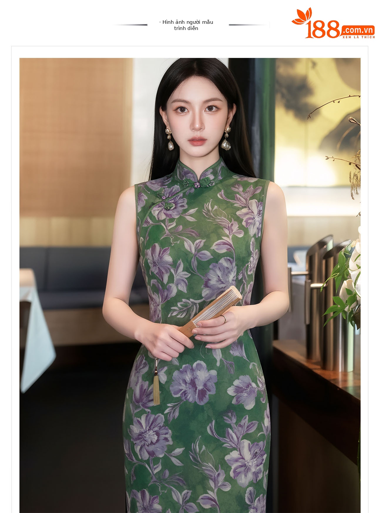 Đầm ôm body nữ dài tay in họa tiết hoa xanh cổ điển — xanh lá cây chi tiết 1