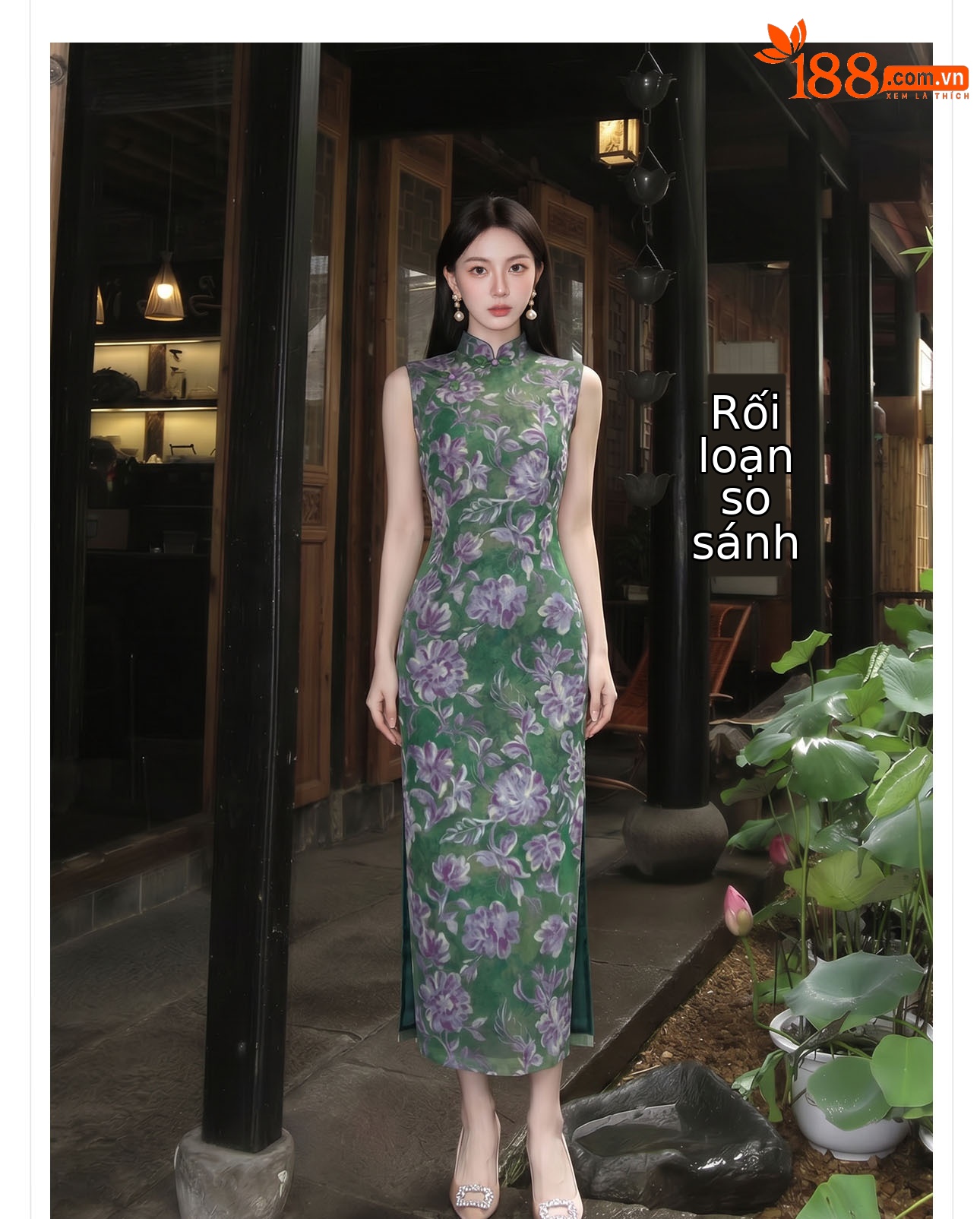 Đầm ôm body nữ dài tay in họa tiết hoa xanh cổ điển — xanh lá cây chi tiết 9