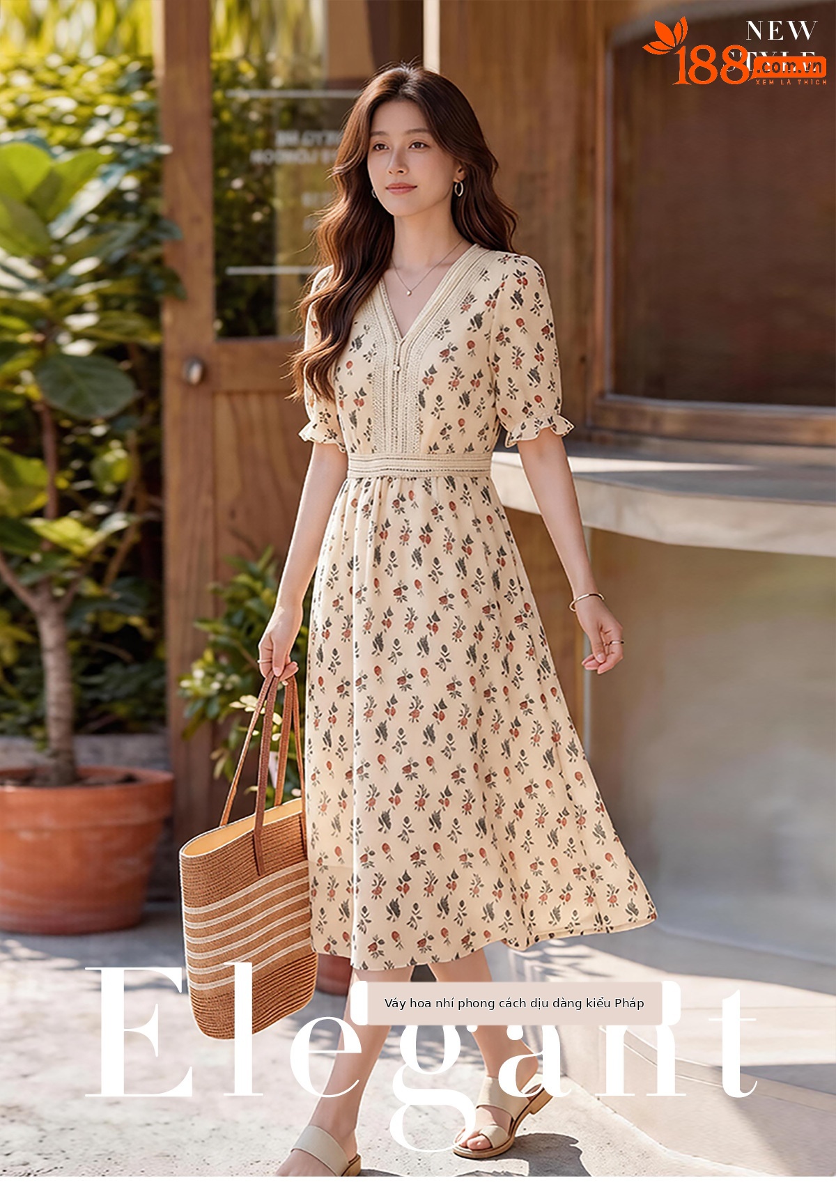 Đầm maxi nữ thắt eo tay ngắn cổ V in họa tiết dáng dài — màu be, màu trắng chi tiết 1