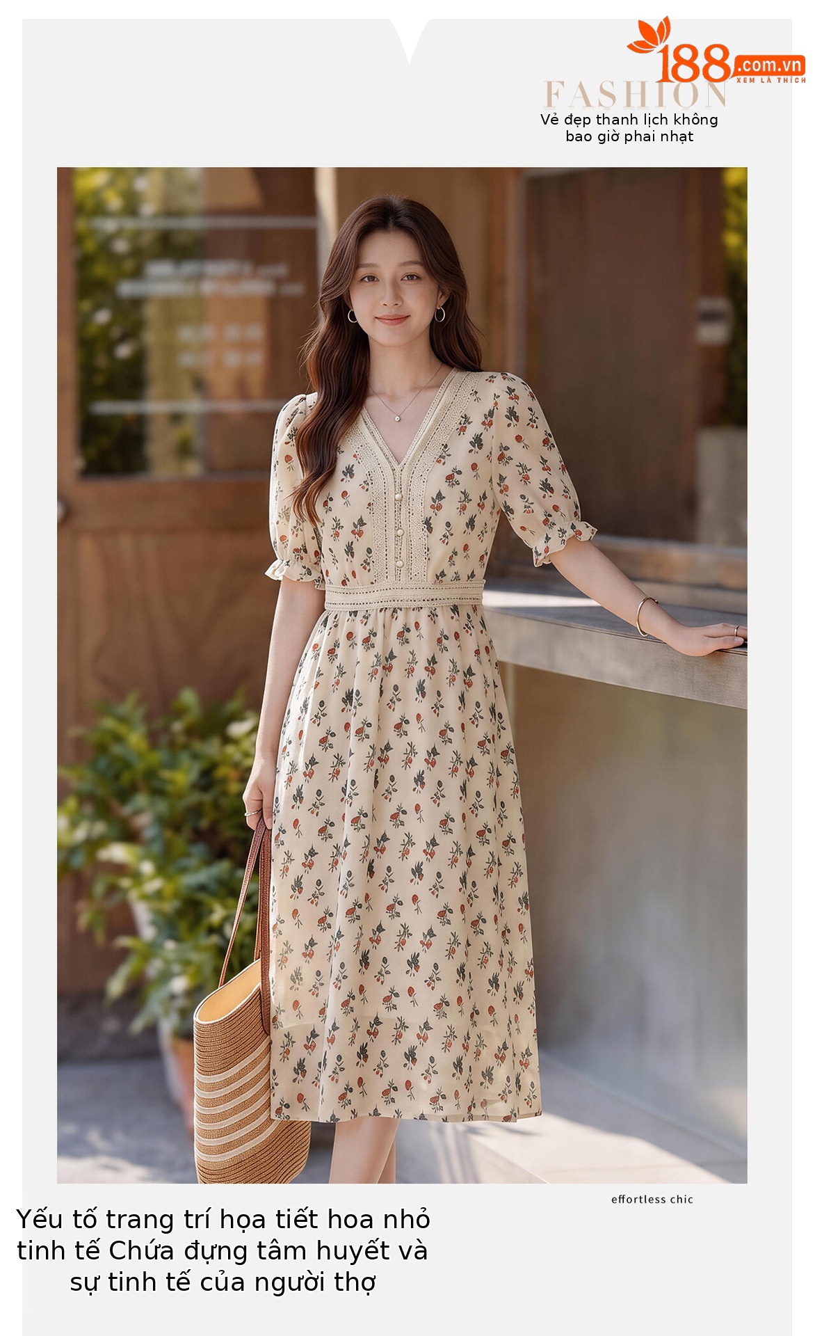 Đầm maxi nữ thắt eo tay ngắn cổ V in họa tiết dáng dài — màu be, màu trắng chi tiết 3
