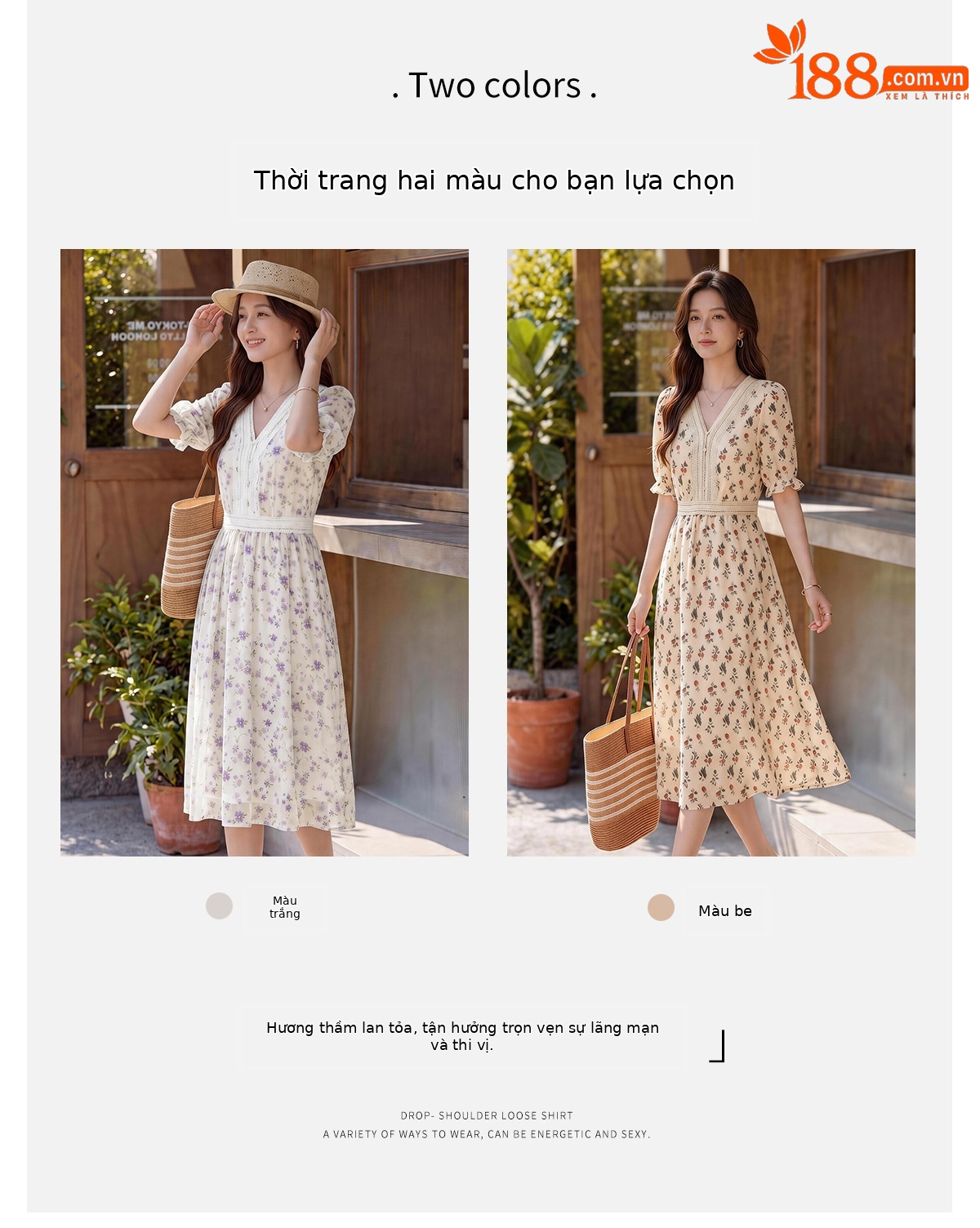 Đầm maxi nữ thắt eo tay ngắn cổ V in họa tiết dáng dài — màu be, màu trắng chi tiết 4