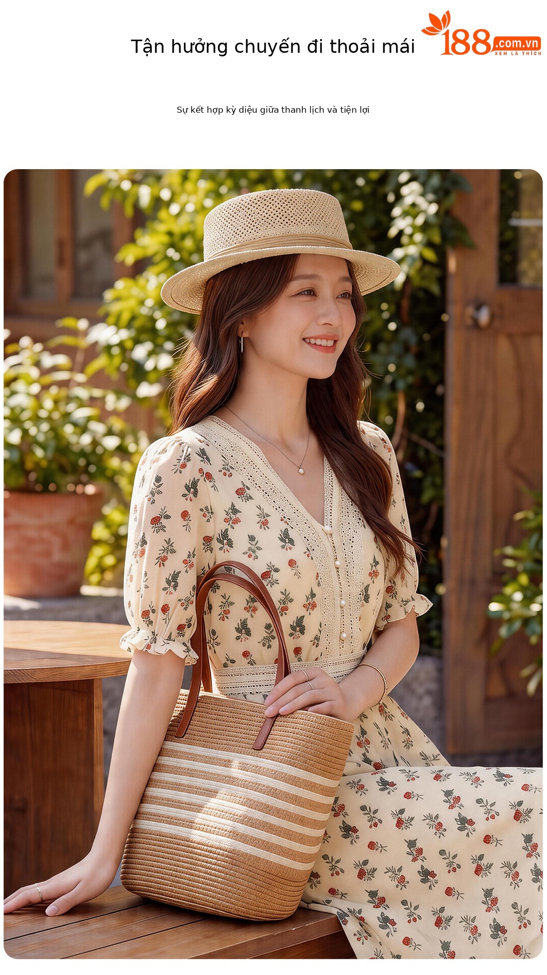 Đầm maxi nữ thắt eo tay ngắn cổ V in họa tiết dáng dài — màu be, màu trắng chi tiết 6