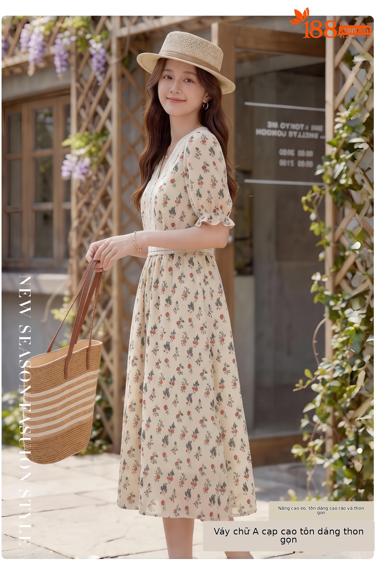 Đầm maxi nữ thắt eo tay ngắn cổ V in họa tiết dáng dài — màu be, màu trắng chi tiết 7