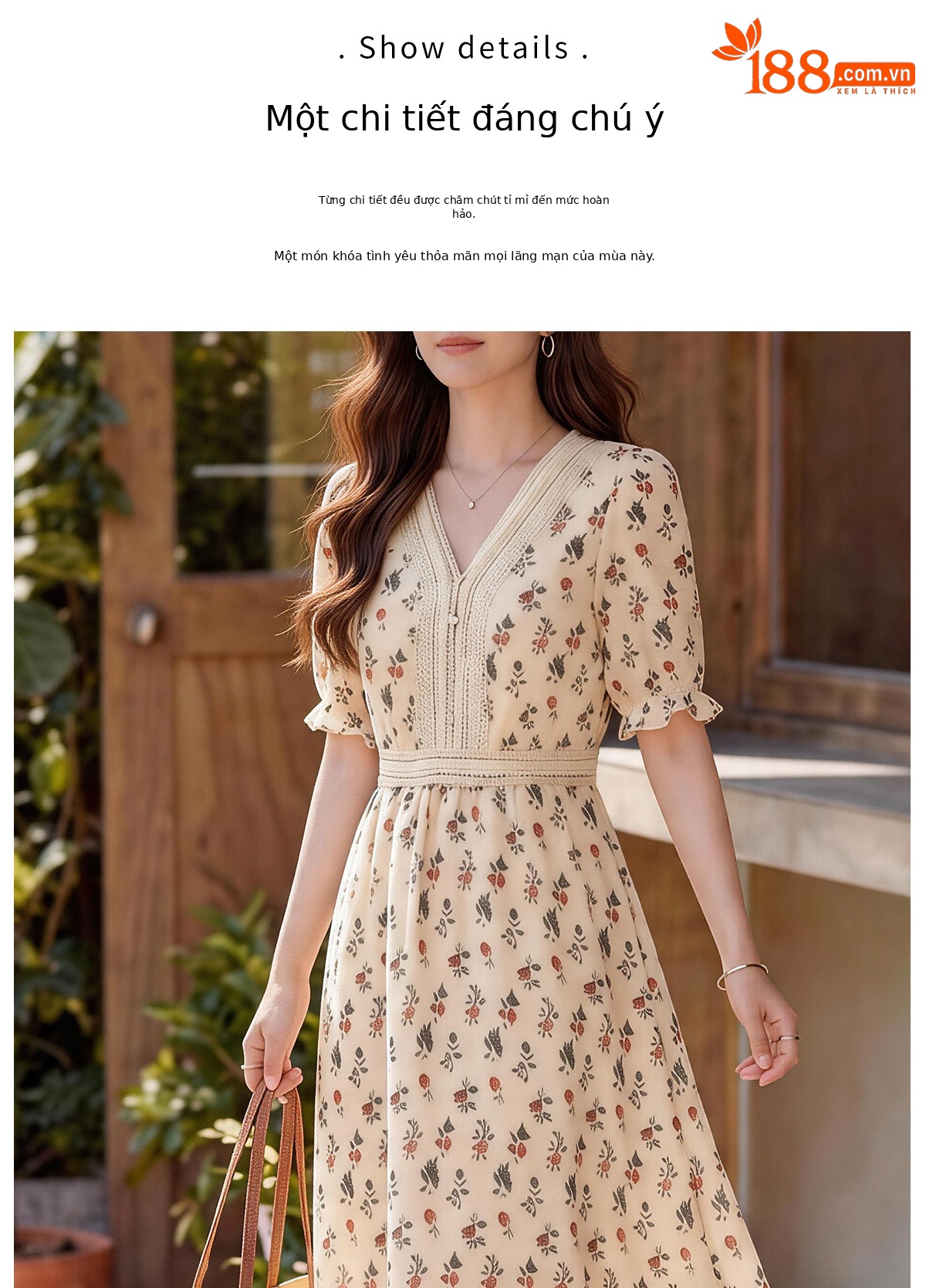 Đầm maxi nữ thắt eo tay ngắn cổ V in họa tiết dáng dài — màu be, màu trắng chi tiết 8