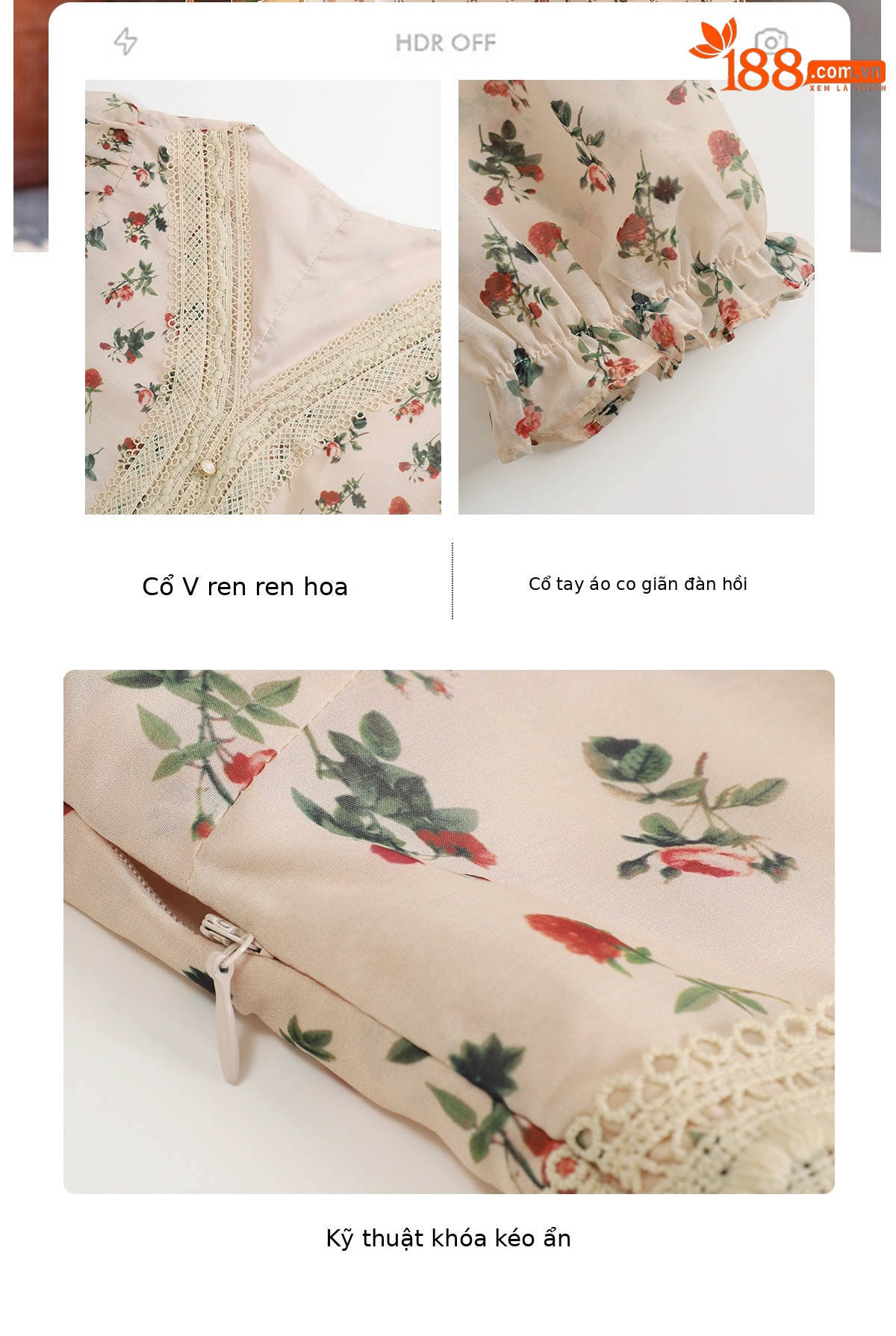 Đầm maxi nữ thắt eo tay ngắn cổ V in họa tiết dáng dài — màu be, màu trắng chi tiết 9