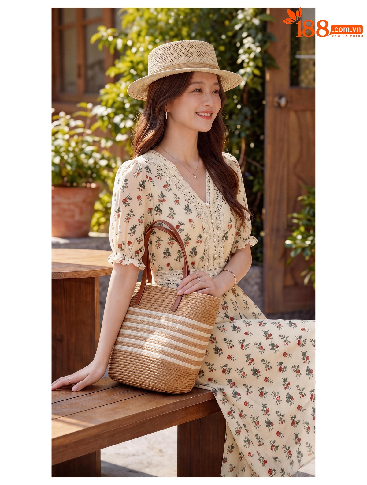 Đầm maxi nữ thắt eo tay ngắn cổ V in họa tiết dáng dài — màu be, màu trắng chi tiết 17