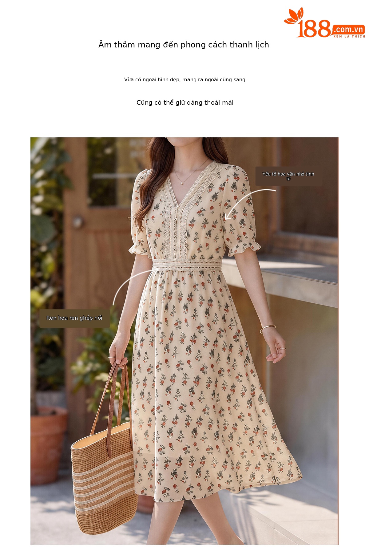 Đầm maxi nữ thắt eo tay ngắn cổ V in họa tiết dáng dài — màu be, màu trắng chi tiết 5