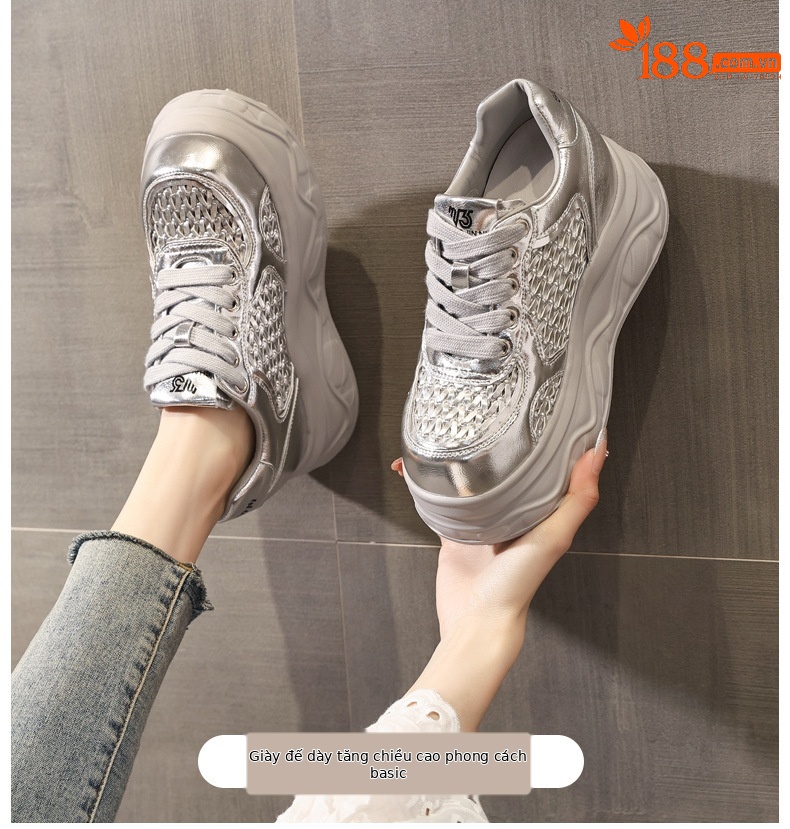 Giày sneaker nữ đế dày tăng chiều cao, thiết kế rỗng thoáng khí, phối trắng cơ bản — màu đen chi tiết 1
