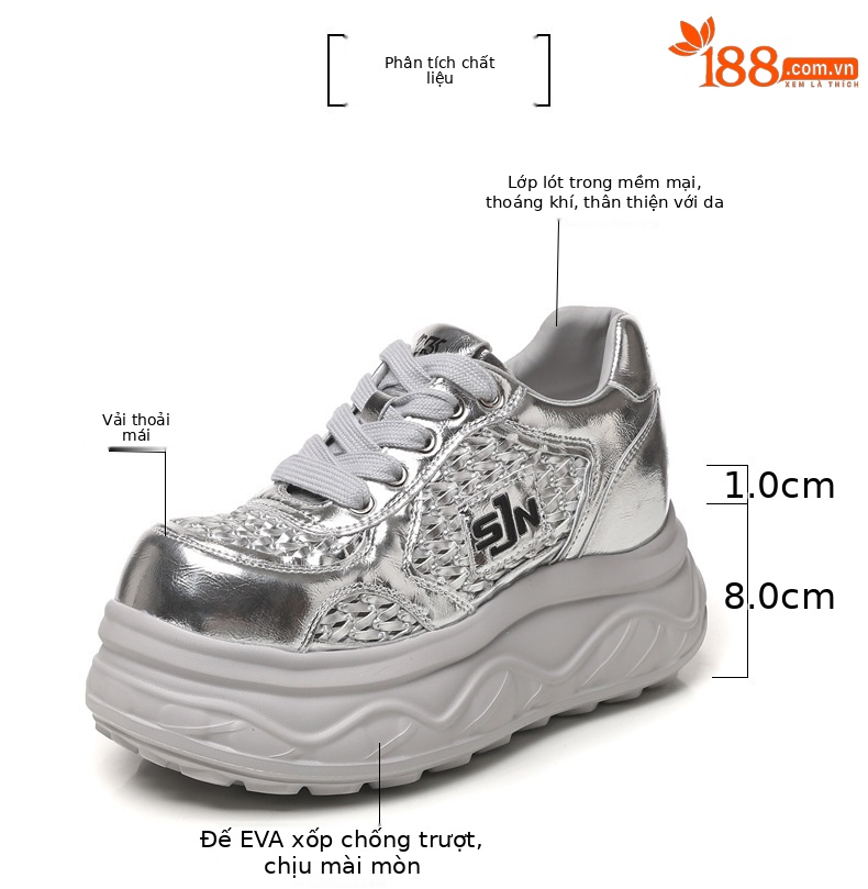 Giày sneaker nữ đế dày tăng chiều cao, thiết kế rỗng thoáng khí, phối trắng cơ bản — màu đen chi tiết 2