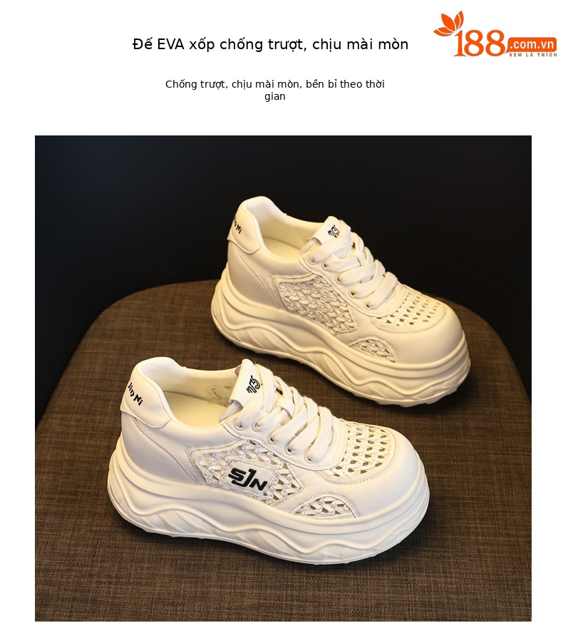 Giày sneaker nữ đế dày tăng chiều cao, thiết kế rỗng thoáng khí, phối trắng cơ bản — màu đen chi tiết 9