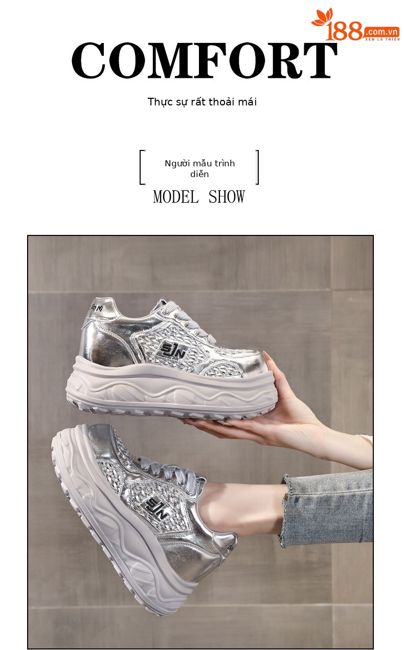 Giày sneaker nữ đế dày tăng chiều cao, thiết kế rỗng thoáng khí, phối trắng cơ bản — màu đen chi tiết 10