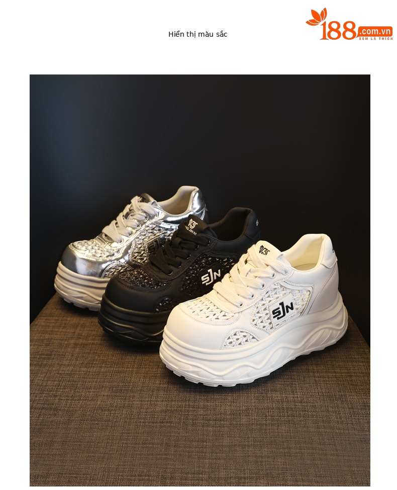 Giày sneaker nữ đế dày tăng chiều cao, thiết kế rỗng thoáng khí, phối trắng cơ bản — màu đen chi tiết 17