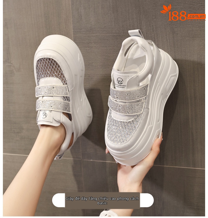 Giày sneaker nữ đế dày tăng chiều cao, phối rhinestone rỗng thoáng khí, form chunky — màu trắng chi tiết 1
