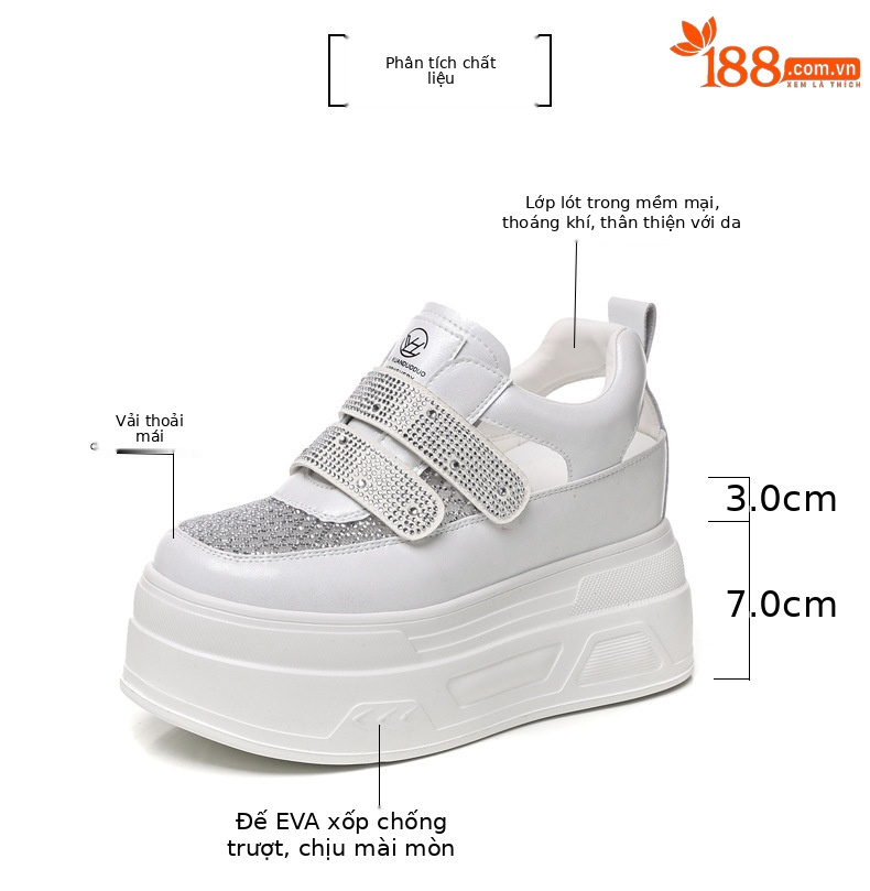 Giày sneaker nữ đế dày tăng chiều cao, phối rhinestone rỗng thoáng khí, form chunky — màu trắng chi tiết 2