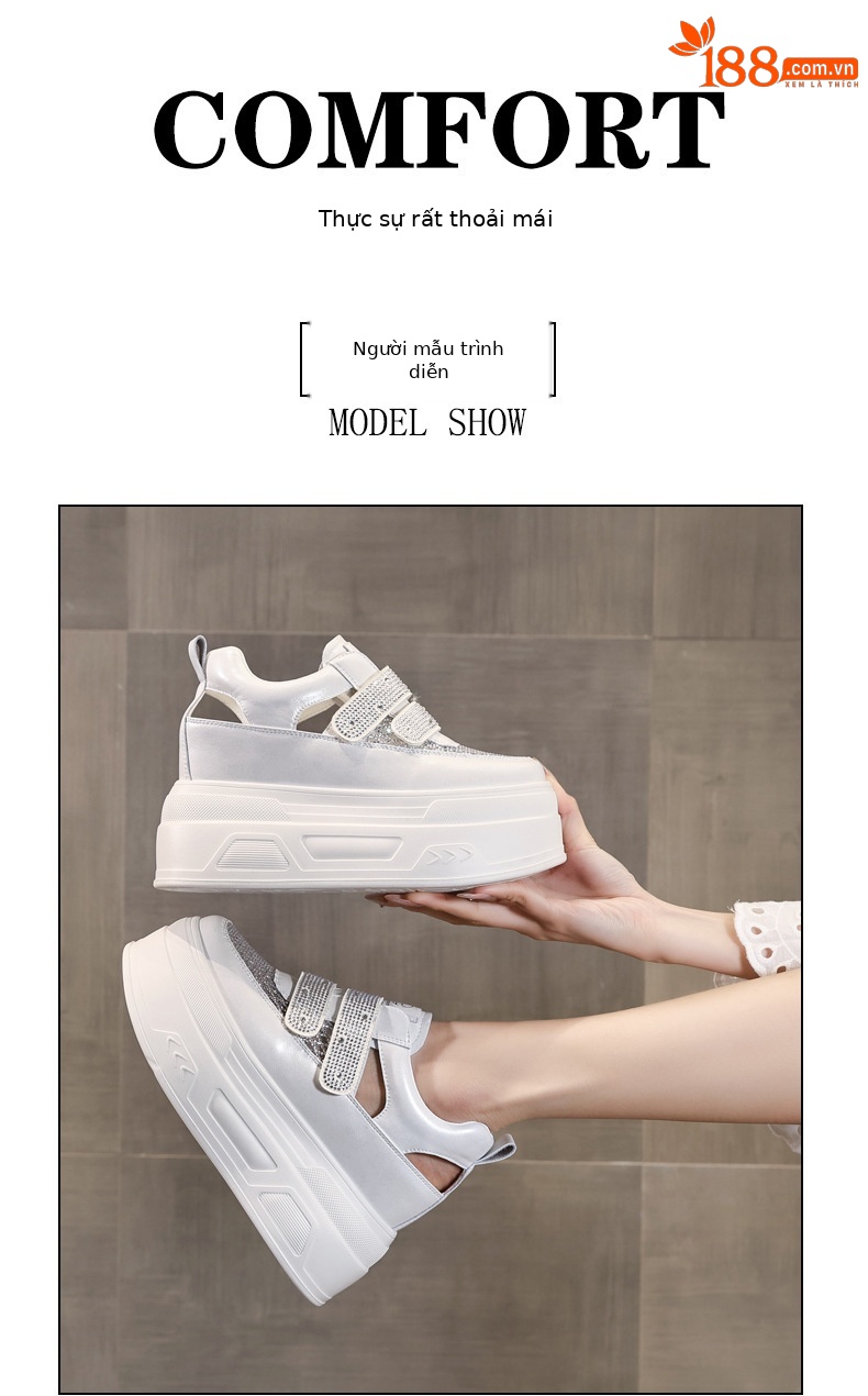 Giày sneaker nữ đế dày tăng chiều cao, phối rhinestone rỗng thoáng khí, form chunky — màu trắng chi tiết 9