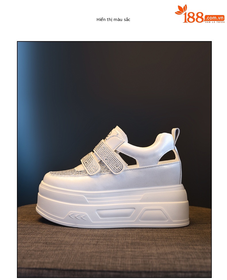 Giày sneaker nữ đế dày tăng chiều cao, phối rhinestone rỗng thoáng khí, form chunky — màu trắng chi tiết 12