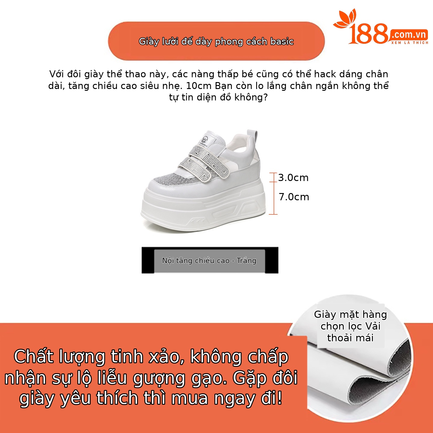 Giày sneaker nữ đế dày tăng chiều cao, phối rhinestone rỗng thoáng khí, form chunky — màu trắng