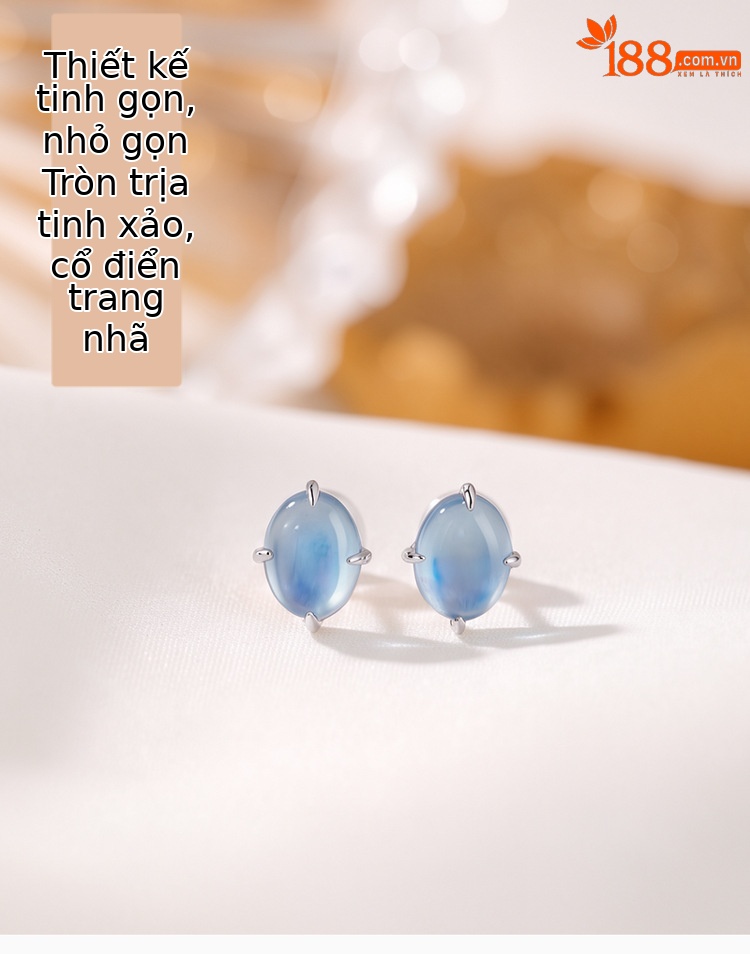 Bông tai bạc S925 hình bầu dục đính đá xanh biển phong cách tối giản — Cặp đôi chi tiết 1