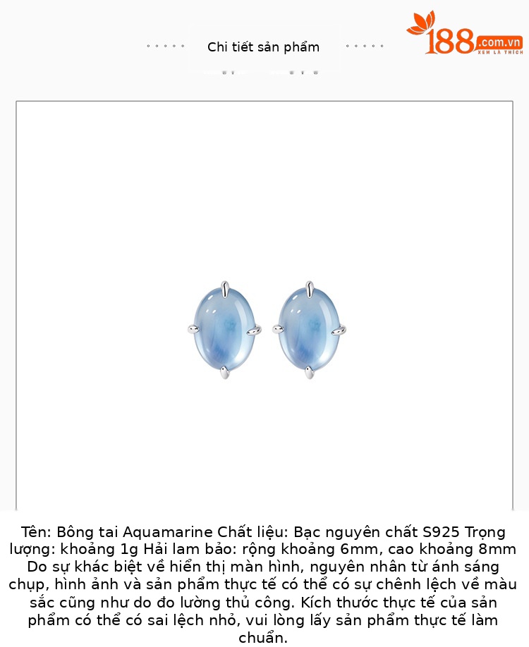 Bông tai bạc S925 hình bầu dục đính đá xanh biển phong cách tối giản — Cặp đôi chi tiết 2
