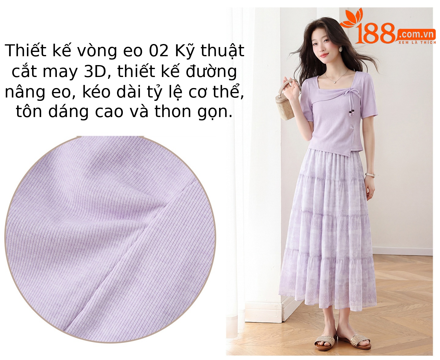 Bộ áo phông cổ vuông và chân váy midi hai mảnh nữ tính mùa hè 2026 — màu thiên thanh, màu tím nhạt chi tiết 5