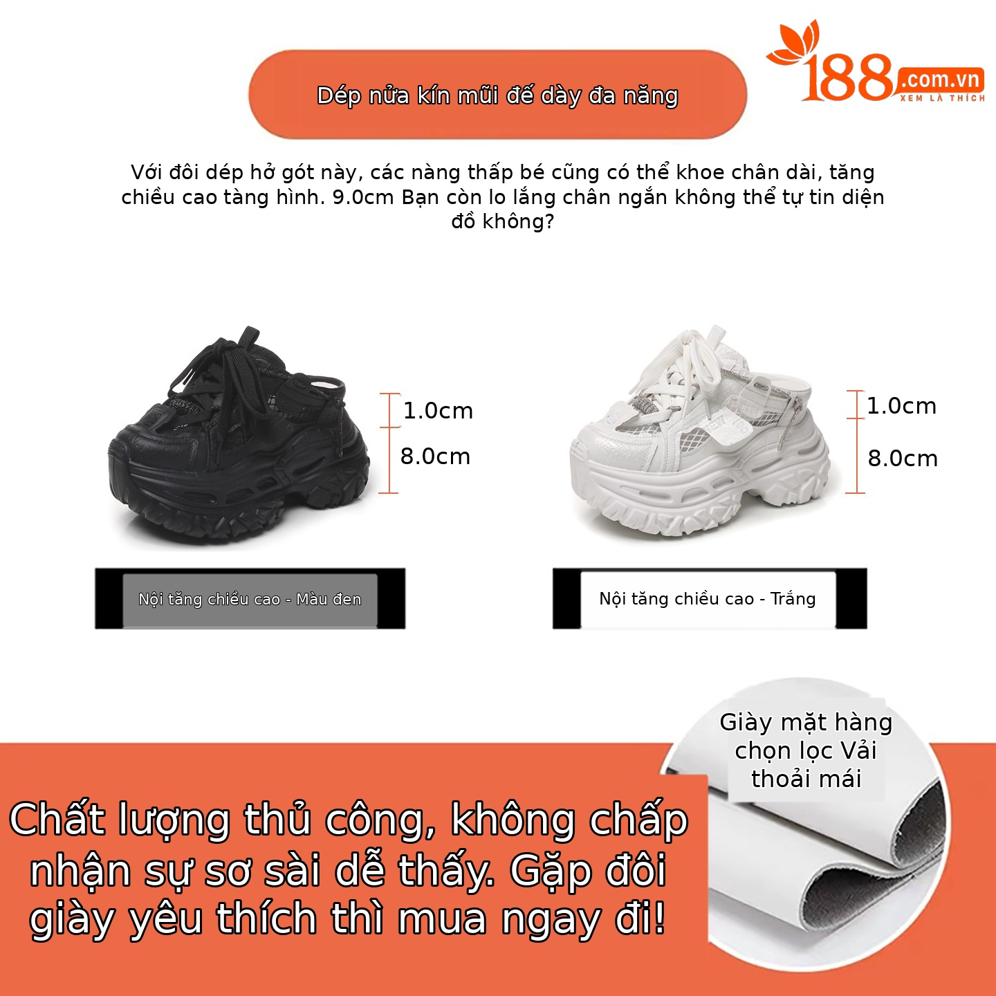 Dép quai chữ V đế dày tăng chiều cao nữ phong cách giày bố thể thao mùa hè — màu đen, màu trắng