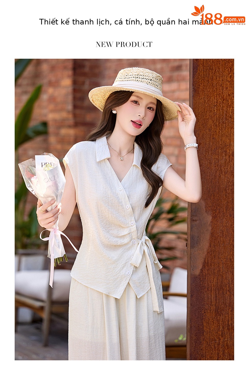 Bộ quần áo nữ hai mảnh gồm áo sơ mi eo thon và quần ống rộng, thiết kế thanh lịch mùa hè 2026 — Xanh lông mòng đen, màu mơ chi tiết 2