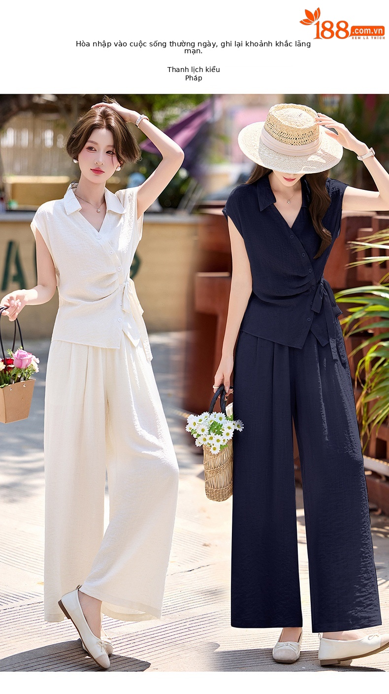Bộ quần áo nữ hai mảnh gồm áo sơ mi eo thon và quần ống rộng, thiết kế thanh lịch mùa hè 2026 — Xanh lông mòng đen, màu mơ chi tiết 4