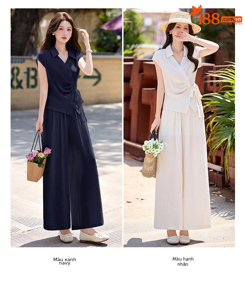 Bộ quần áo nữ hai mảnh gồm áo sơ mi eo thon và quần ống rộng, thiết kế thanh lịch mùa hè 2026 — Xanh lông mòng đen, màu mơ chi tiết 10