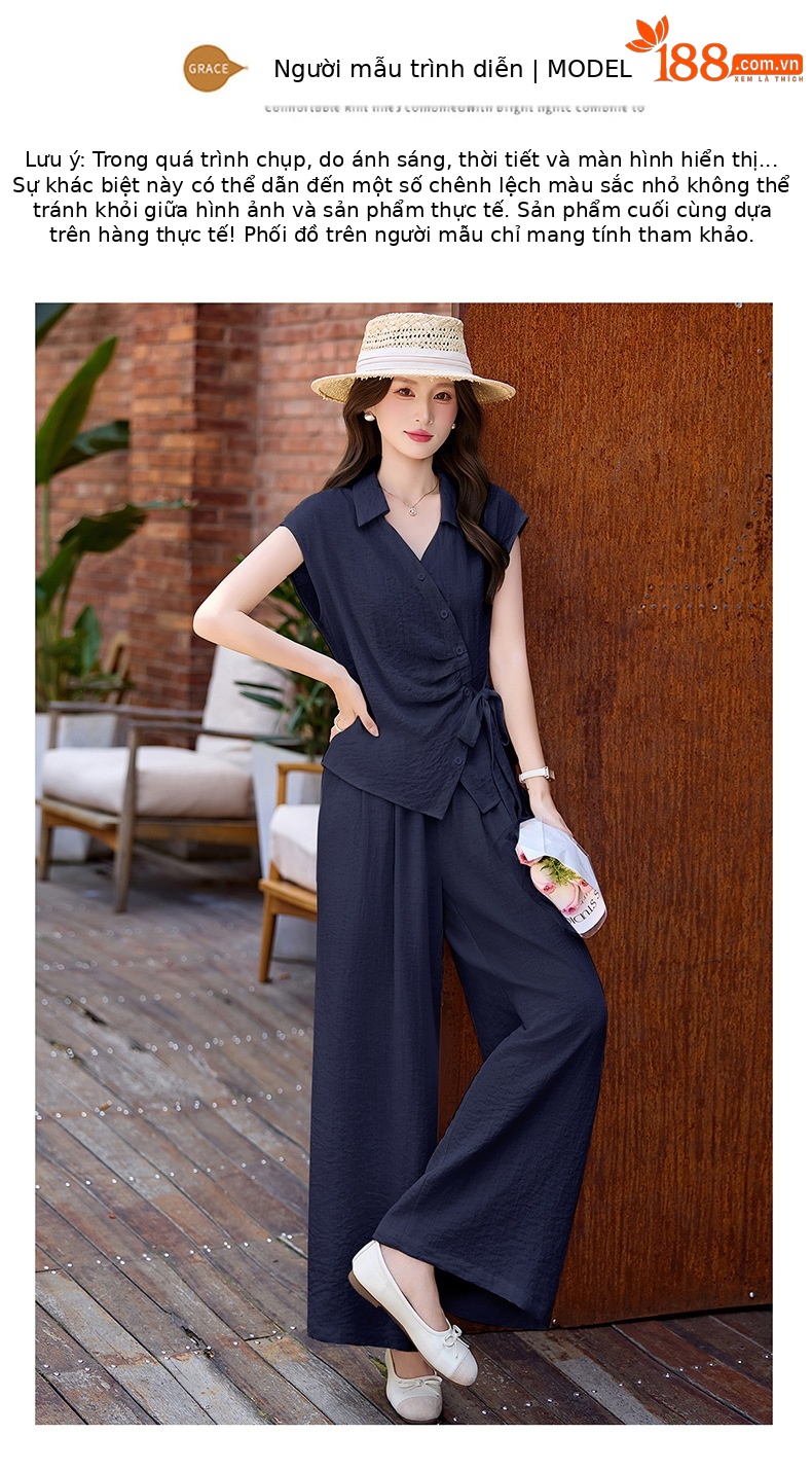 Bộ quần áo nữ hai mảnh gồm áo sơ mi eo thon và quần ống rộng, thiết kế thanh lịch mùa hè 2026 — Xanh lông mòng đen, màu mơ chi tiết 11