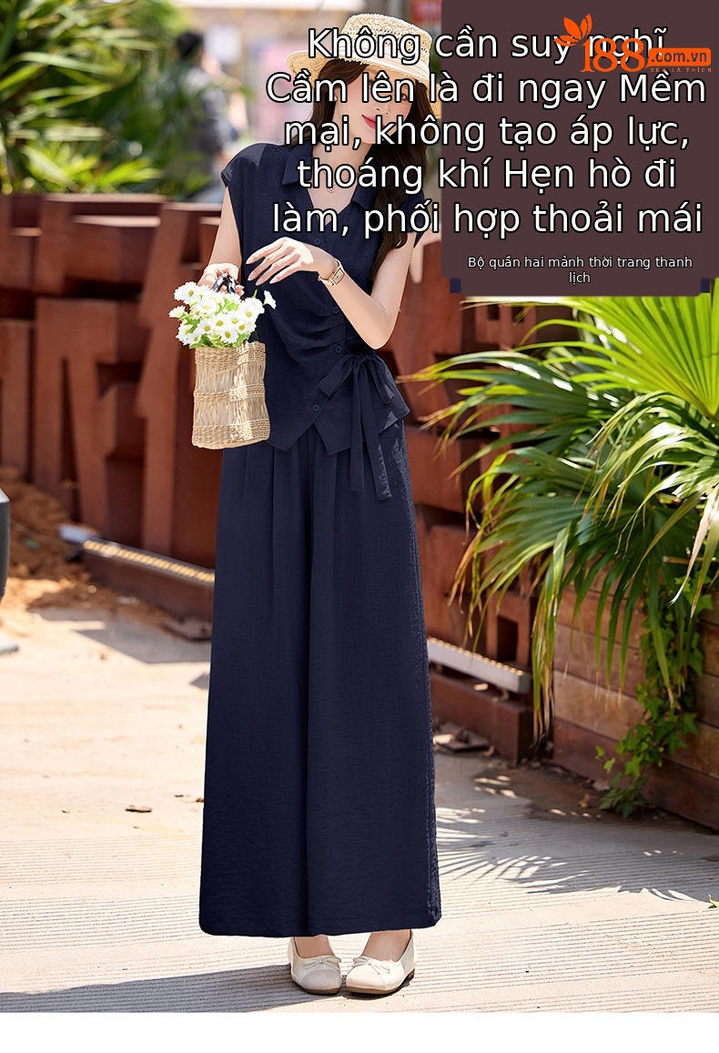 Bộ quần áo nữ hai mảnh gồm áo sơ mi eo thon và quần ống rộng, thiết kế thanh lịch mùa hè 2026 — Xanh lông mòng đen, màu mơ chi tiết 1