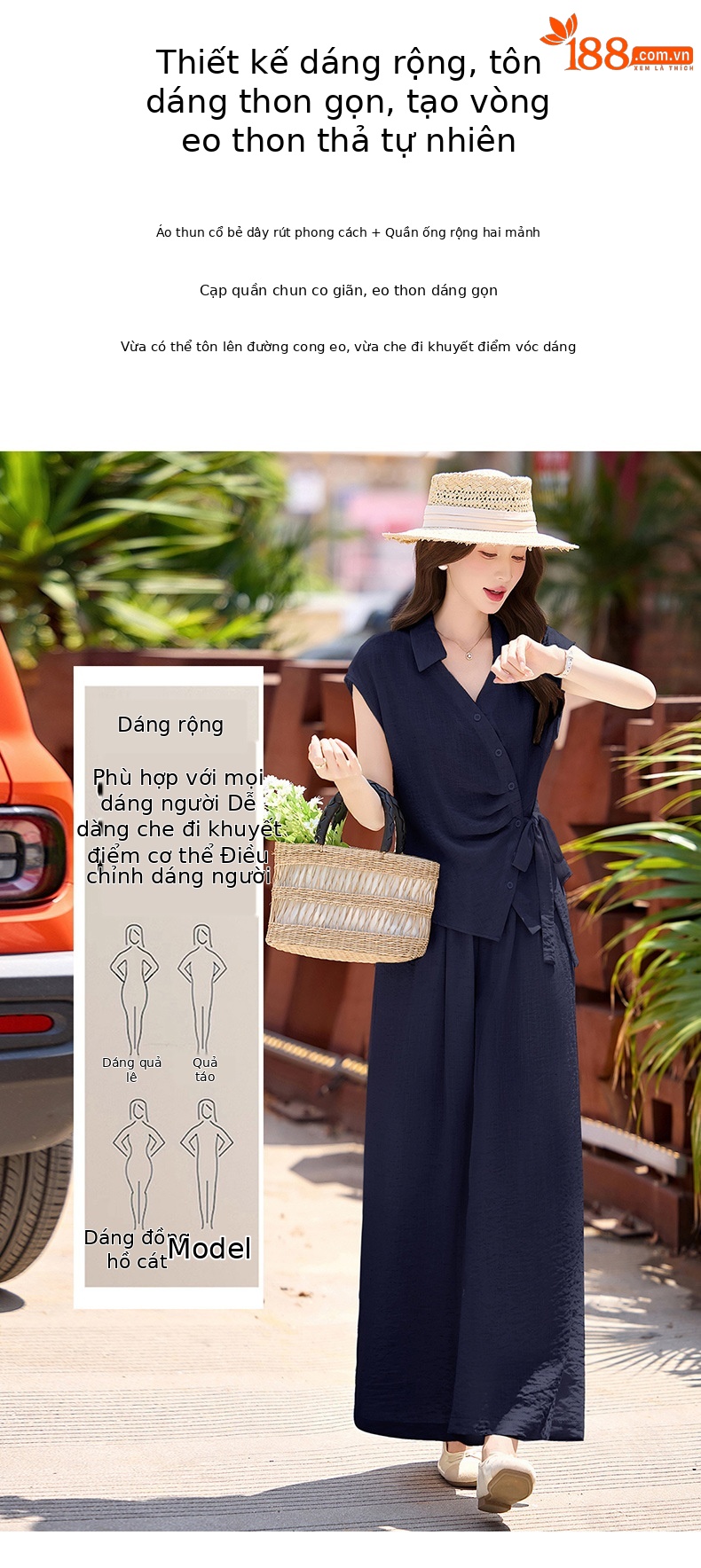 Bộ quần áo nữ hai mảnh gồm áo sơ mi eo thon và quần ống rộng, thiết kế thanh lịch mùa hè 2026 — Xanh lông mòng đen, màu mơ chi tiết 3