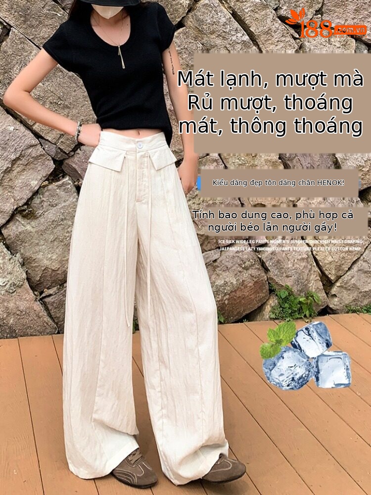 Quần tây nữ ống đứng cạp cao suông rủ chất liệu bông băng mát mẻ — Trắng Extended